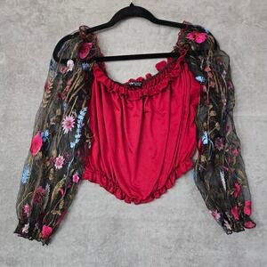 Floral Mesh sheer Embroidered Puff Sleeve Whimsical Crop Top Fairy Large Womens